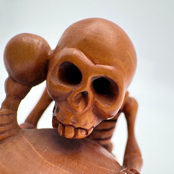 Netsuke Large Skeleton Playing Drum Hardwood Carving Sculpture Japanese Vintage - Picture 4 of 11